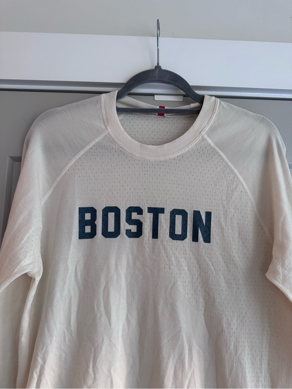 Tracksmith Cream Long Sleeve Shirt with Navy BOSTON Print - Picture 2 of 4